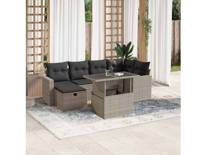 7dílná zahradní sedací souprava a podušky světle šedá polyratan 3274822