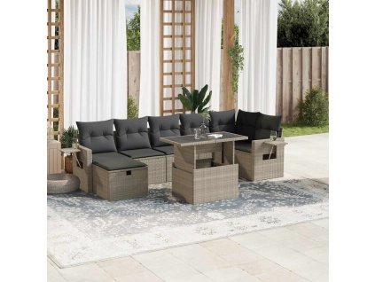 8dílná zahradní sedací souprava a podušky světle šedá polyratan 3274992