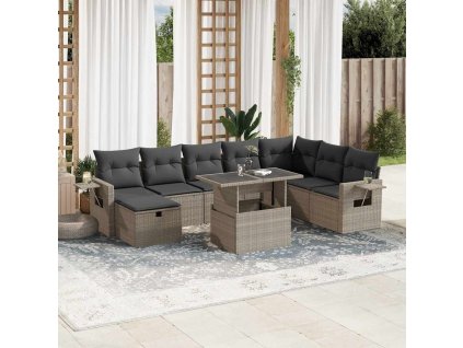 9dílná zahradní sedací souprava a podušky světle šedá polyratan 3275032