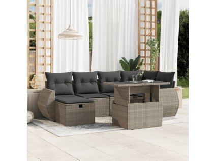 7dílná zahradní sedací souprava a podušky světle šedá polyratan 3275142