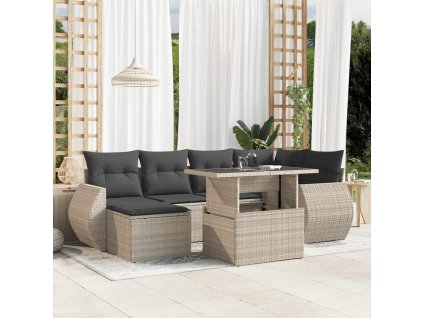 7dílná zahradní sedací souprava a podušky světle šedá polyratan 3268682