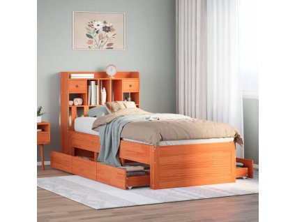 Postel s knihovnou bez matrace hnědá 100x200 cm masiv borovice 3308968