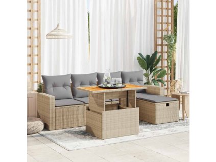 6dílná zahradní sestava s poduškami béžová polyratan akácie 3327997