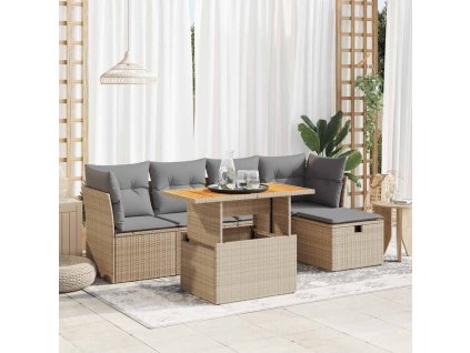 6dílná zahradní sestava s poduškami béžová polyratan akácie 3327969