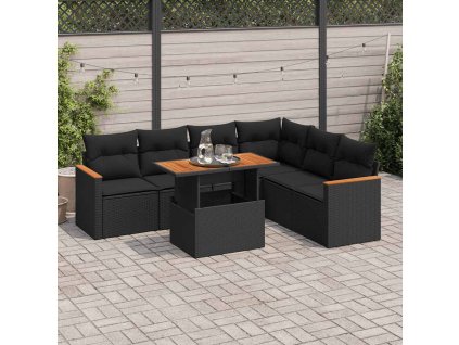 7dílná zahradní sestava s poduškami černá polyratan akácie 3327492