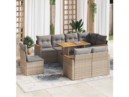 9dílná zahradní sestava s poduškami béžová polyratan akácie 3327503