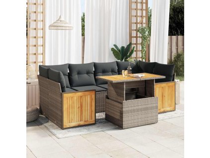 7dílná zahradní sestava s poduškami šedá polyratan akácie 3327679