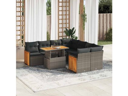 9dílná zahradní sestava s poduškami šedá polyratan akácie 3327693