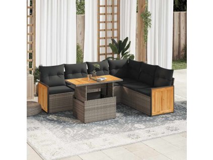 7dílná zahradní sestava s poduškami šedá polyratan akácie 3327721