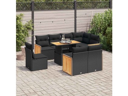 9dílná zahradní sestava s poduškami černá polyratan akácie 3327723