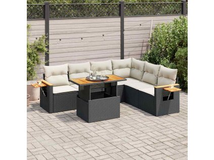 7dílná zahradní sestava s poduškami černá polyratan akácie 3327605