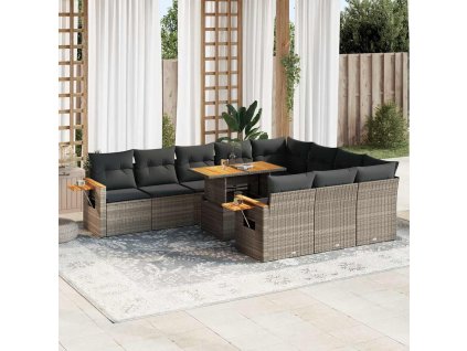 11dílná zahradní sestava s poduškami šedá polyratan akácie 3327651