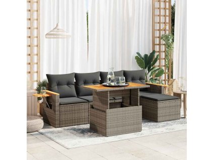 6dílná zahradní sestava s poduškami šedá polyratan akácie 3327588