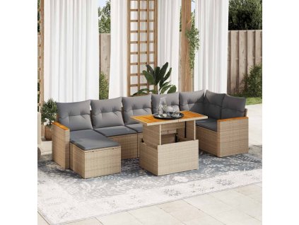 8dílná zahradní sestava s poduškami béžová polyratan akácie 3327517