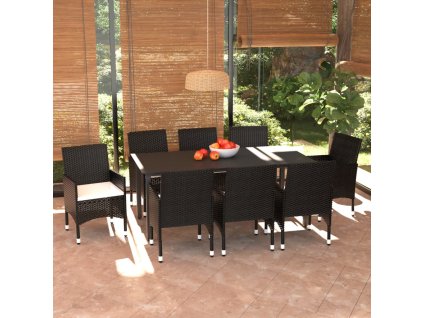 9dílný zahradní jídelní set s poduškami polyratan černý 3094978