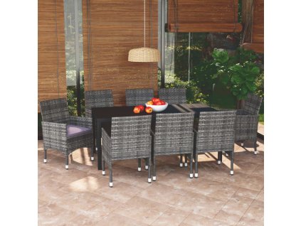 9dílný zahradní jídelní set s poduškami polyratan šedý 3095026
