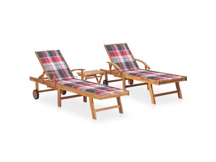 Zahradní lehátka 2 ks se stolkem a poduškou masivní teak 3073184