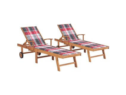 Zahradní lehátka 2 ks červená károvaná poduška masivní teak 3073199