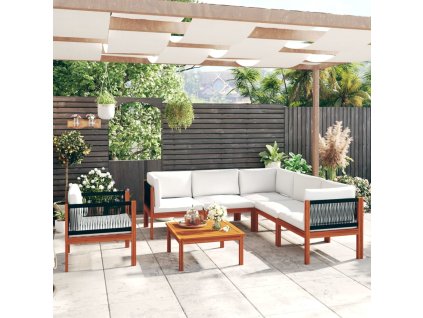 7dílná zahradní sedací souprava s polštáři krémové dřevo akácie a provaz 3057889