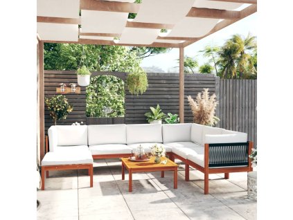 8dílná zahradní sedací souprava s polštáři krémové dřevo akácie a provaz 3057891