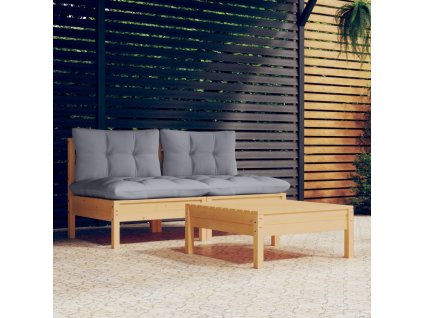 3dílná zahradní sedací souprava s šedými poduškami borovice 3095997