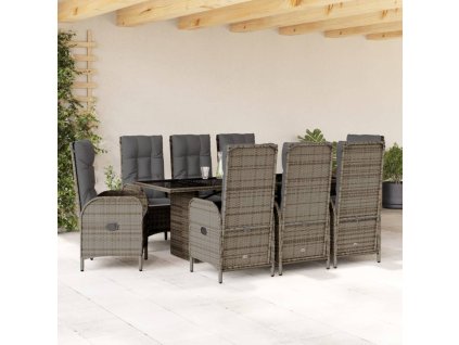 9dílný zahradní jídelní set s poduškami šedý polyratan 3213528