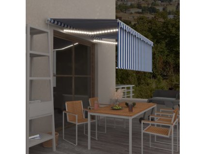 Ručně zatahovací markýza s roletou a LED 3,5 x 2,5 m modrobílá 3069281