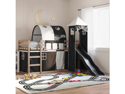 Patrová postel se skluzavkou a závěsy bílá a černá 90 x 200 cm 3284161