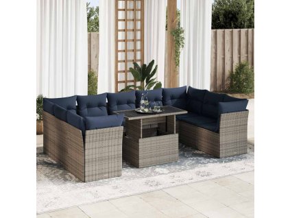 10dílná zahradní sestava s poduškami šedá polyratan akácie 3326222