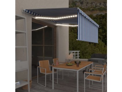Ručně zatahovací markýza s roletou a LED 4,5 x 3 m modrobílá 3069321