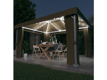 Altán se závěsy a světelnými LED řetězy 4 x 3 m taupe 3070357