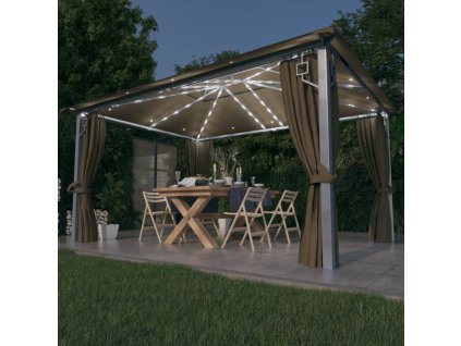 Altán se závěsy a světelnými LED řetězy 4 x 3 m taupe hliník 3070337