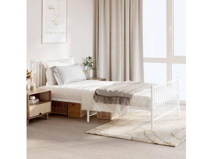 Kovový rám postele s hlavovým a nožním čelem bílý 107 x 203 cm 350945