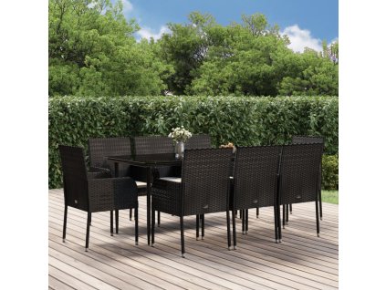9dílný zahradní jídelní set s poduškami černý polyratan 3185146
