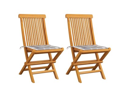 Zahradní židle s šedými károvanými poduškami 2 ks masivní teak 3062474