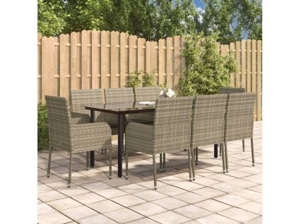 9dílný zahradní jídelní set s poduškami černý a šedý polyratan 3185164