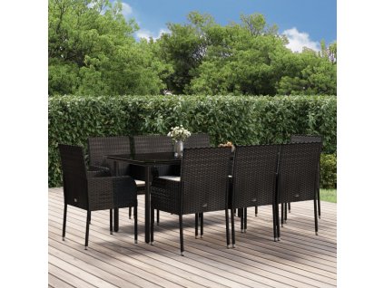 9dílný zahradní jídelní set s poduškami černý polyratan 3185158
