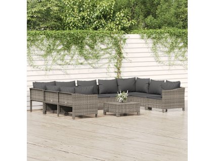 10dílná zahradní sedací souprava s poduškami šedá polyratan 3187305