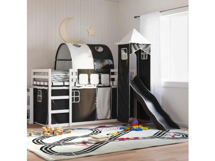 Patrová postel se skluzavkou a závěsy bílá a černá 90 x 190 cm 3284182