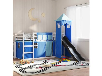 Patrová postel se skluzavkou a závěsy modrá 90 x 190 cm 3284210