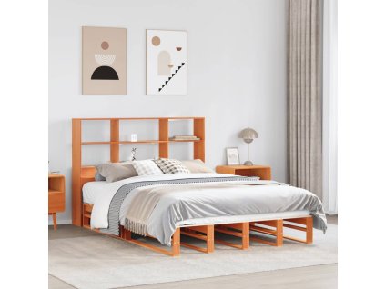 Postel s knihovnou bez matrace hnědá 135 x 190 cm masivní dřevo 3323946