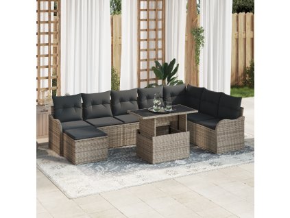 9 kusový zahradní sofa set s polštáři šedý poly ratan 3348515