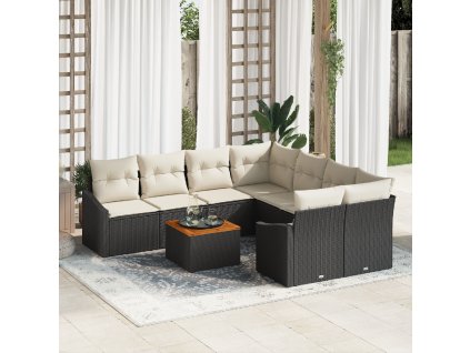 9-dílný zahradní sofa set s polštáři černý polyratan akácie 3347810