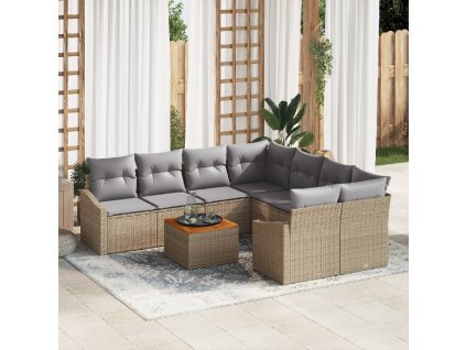 9dílný zahradní sofa set s polštáři Béžový Poly ratan Akácie 3347812