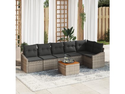 7-dílná zahradní sofa set s polštáři šedý poly ratan akácie 3347839