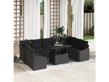 10dílná zahradní sofa set s polštáři černý poly ratan 3349069