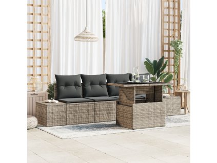 5 kusů Zahradní sofa set s polštáři Šedý poly ratan 3349085