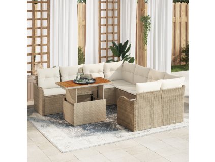 9dílný zahradní sofa set s polštáři béžový poly ratan akácie 3349441