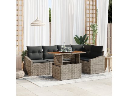 6dílný zahradní jídelní set s polštáři šedý poly rattan akácie 3349838