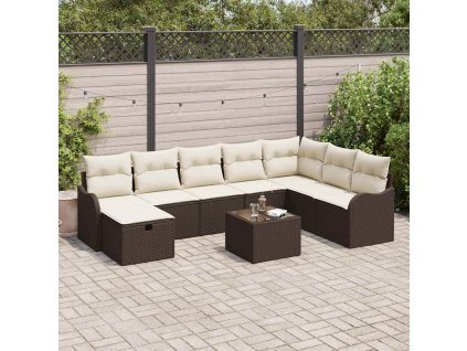 Sada zahradních pohovek s polštářem 9 pcs Hnědá Poly ratan 3360369